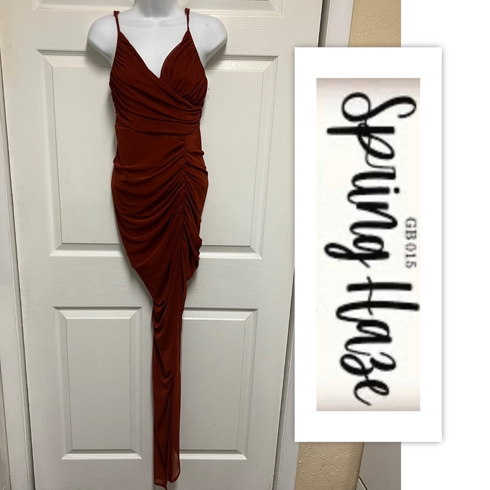Spring Haze Rust Sheer Ruched Asymmetrical Maxi Dress - Picture 2 of 12